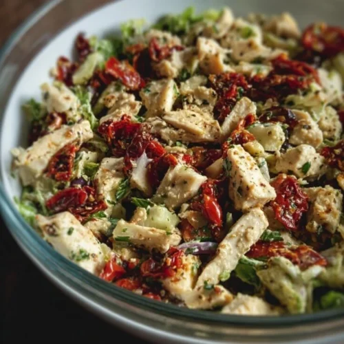 Delicious Tuscan Chicken Salad with sun-dried tomatoes and greens