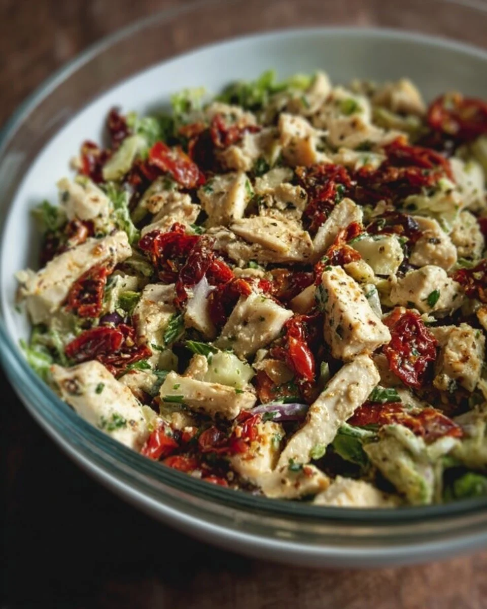 Delicious Tuscan Chicken Salad with sun-dried tomatoes and greens