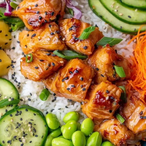 A fresh salmon bowl with rice, avocado, and mixed greens on a light background.