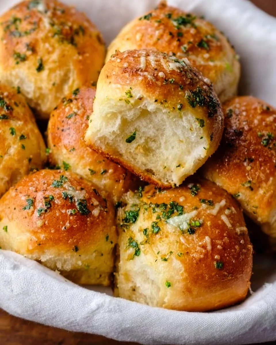Freshly baked Garlic Bread Rolls served on a rustic wooden table