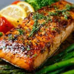 Garlic Butter Honey Baked Salmon served with fresh herbs and lemon wedges