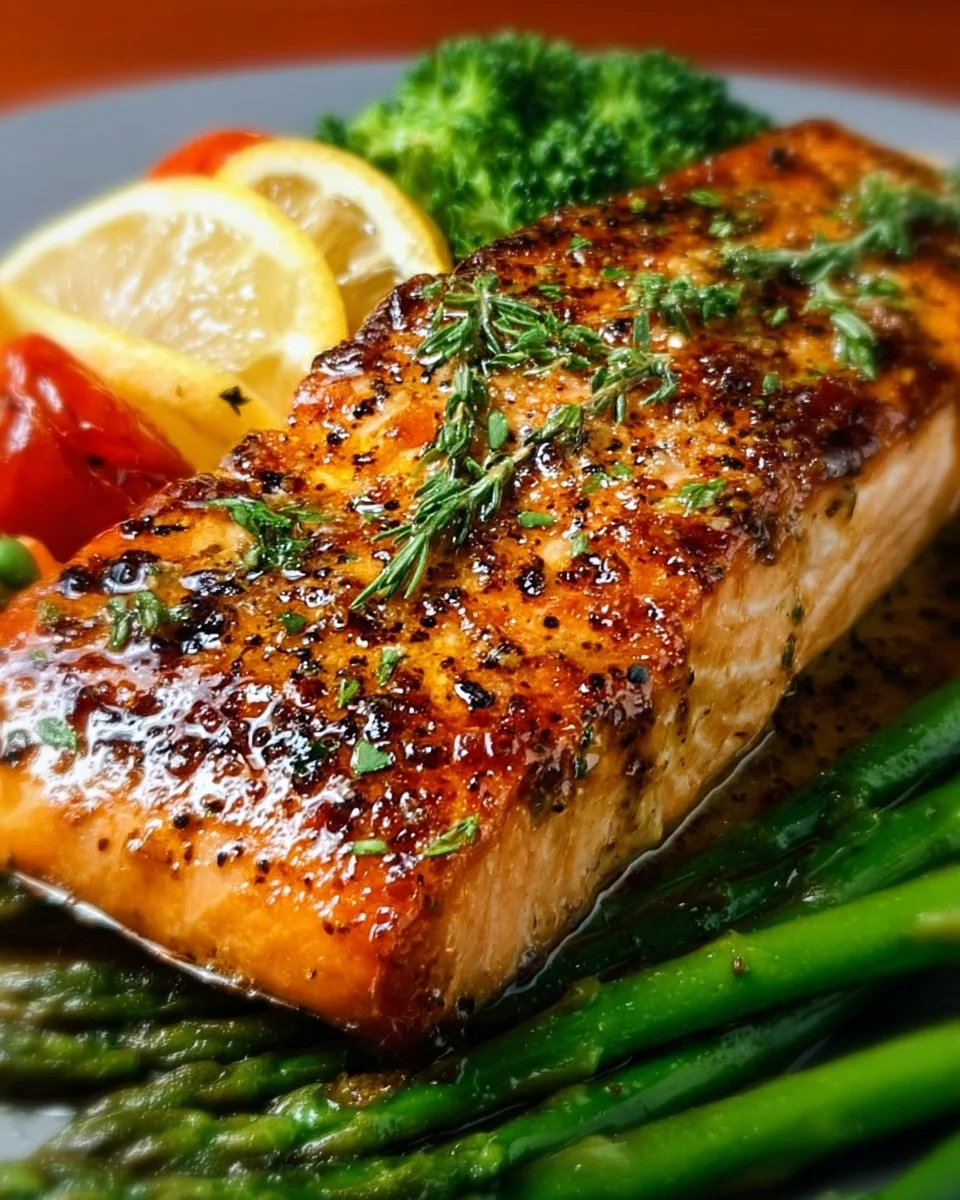 Garlic Butter Honey Baked Salmon served with fresh herbs and lemon wedges