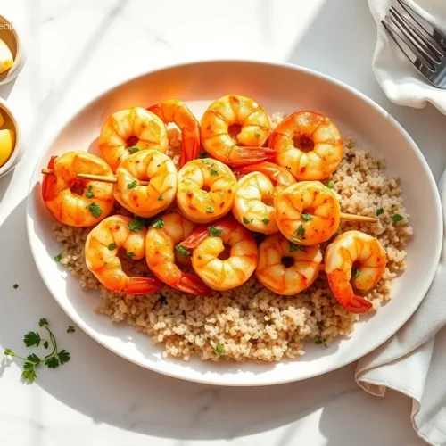 Delicious Garlic Butter Shrimp Skewers with wild rice