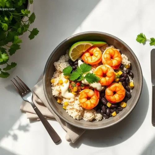 Delicious Garlic Shrimp Burrito Bowl overhead view