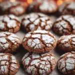 Batch of homemade Gingerbread Crinkle Cookies dusted with powdered sugar