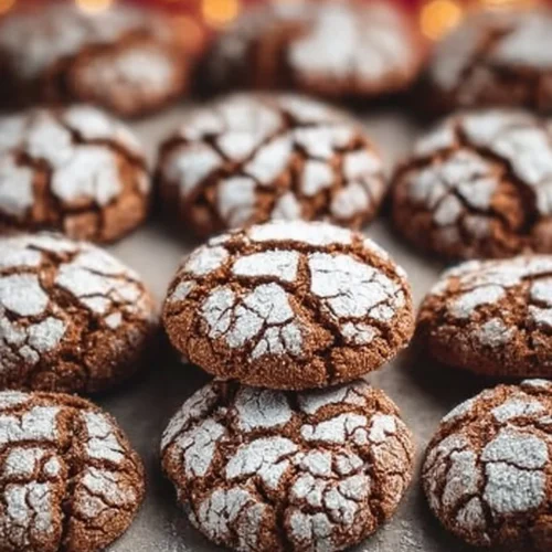 Batch of homemade Gingerbread Crinkle Cookies dusted with powdered sugar