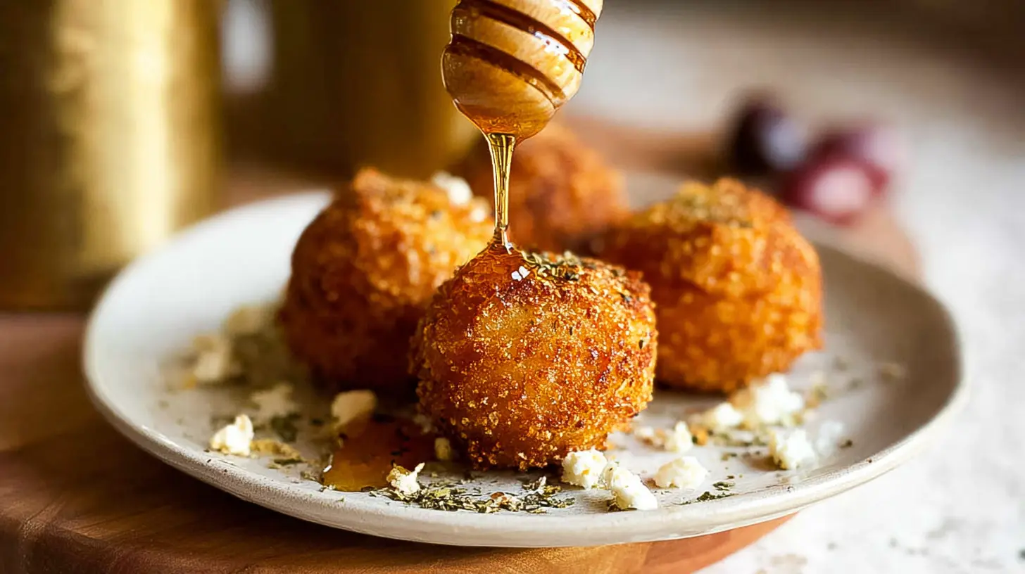 Several warm goat cheese balls beautifully arranged on a white serving dish.
