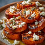Gourmet honey feta sweet potato rounds garnished and ready to serve