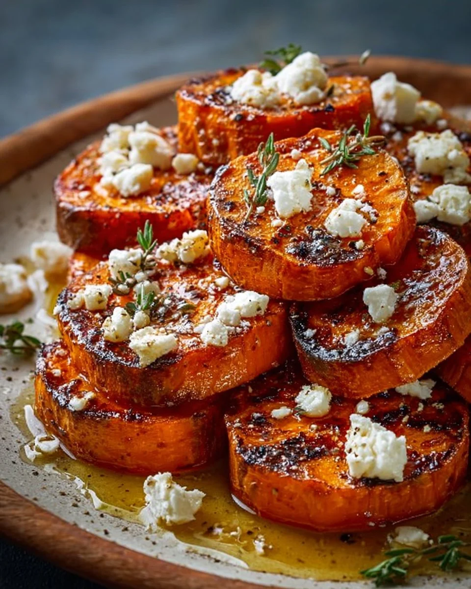 Gourmet honey feta sweet potato rounds garnished and ready to serve