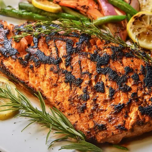 A serving of perfectly grilled salmon with a hint of crispness, embodying grilled salmon bliss.