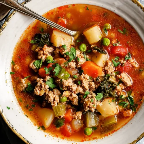 A steaming bowl of hearty ground turkey soup with mixed vegetables.