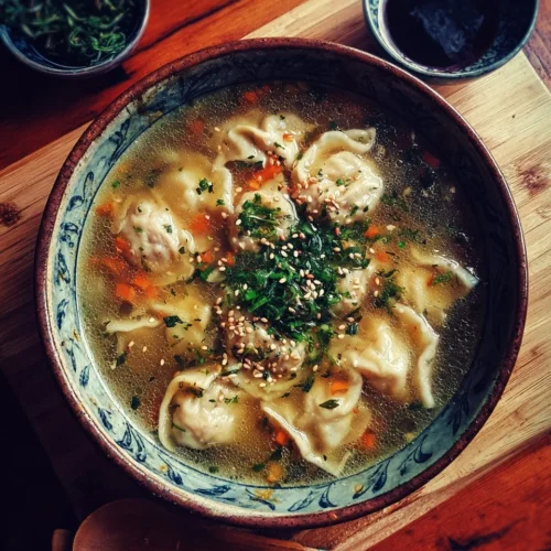 Bowl of steaming gyoza soup with dumplings and vegetables