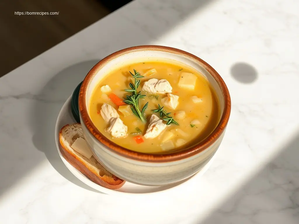 Healthy Chicken Pot Pie Soup Crockpot in a white bowl