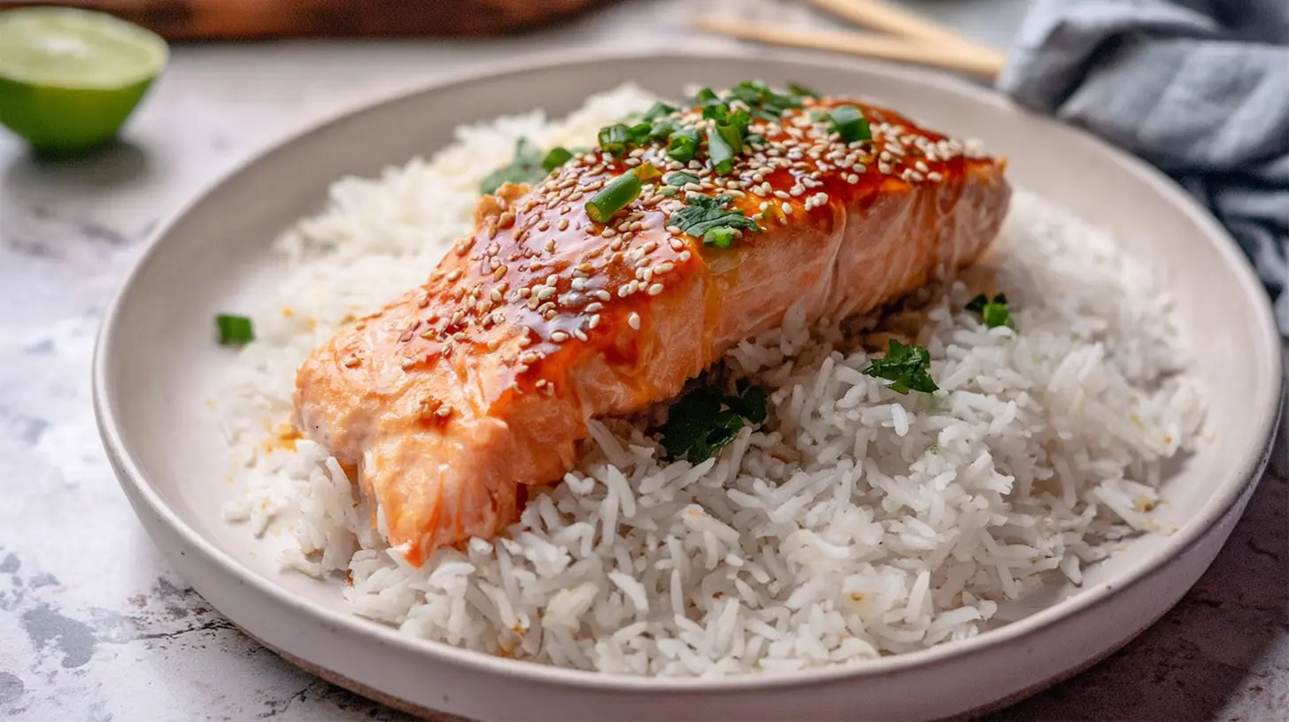 Healthy portion of roasted salmon and seasoned rice on a dish.