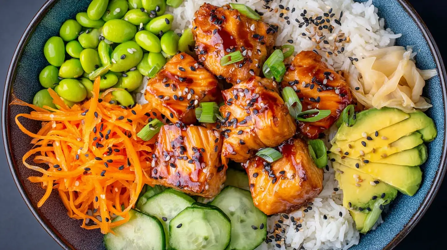 Healthy salmon bowl featuring seared salmon, quinoa, edamame, and various vegetables.