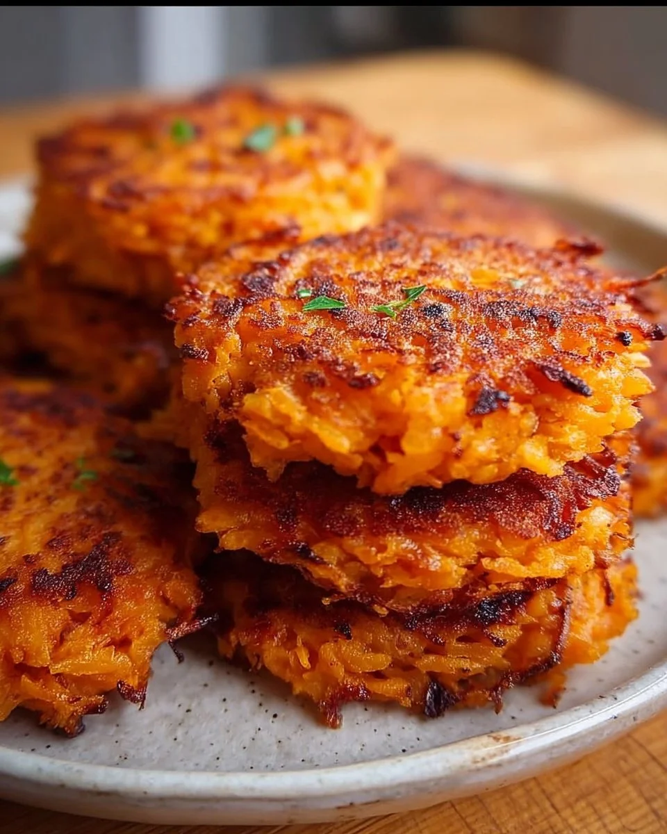 Healthy sweet potato hash browns served on a plate with herbs
