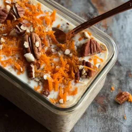High protein carrot cake overnight oats topped with nuts and spices.