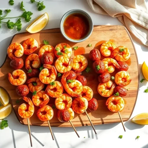 Delicious Holiday Shrimp & Sausage Skewers on a rustic board