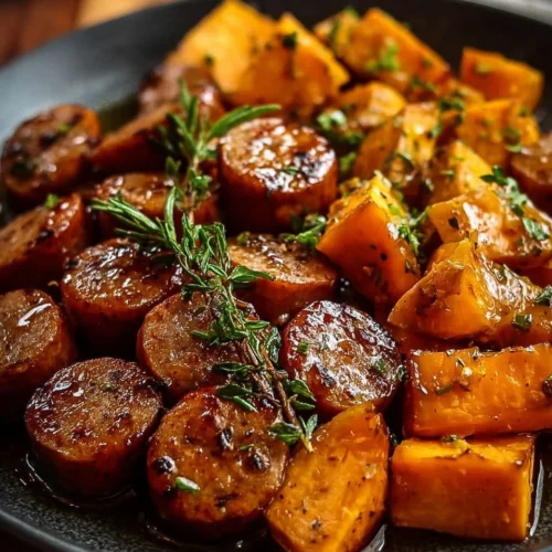 Delicious honey garlic sausage dish served with roasted sweet potatoes