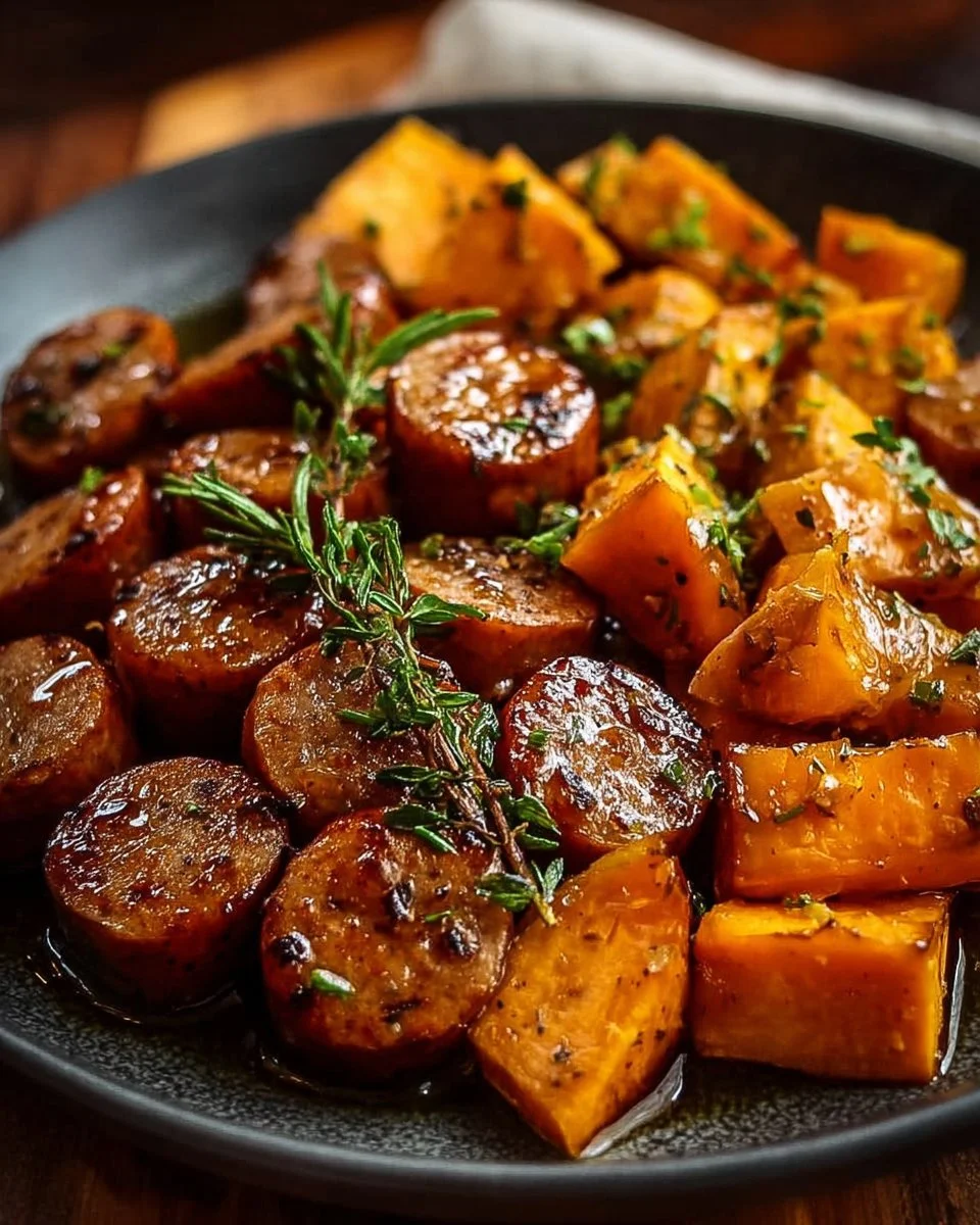 Delicious honey garlic sausage dish served with roasted sweet potatoes