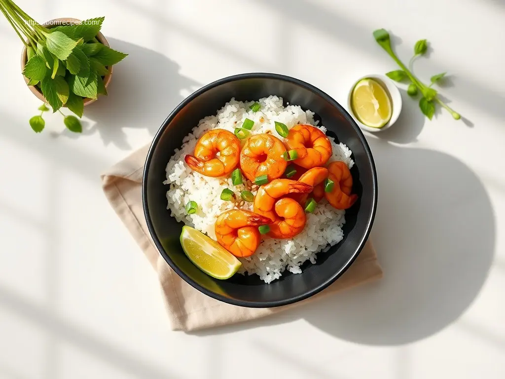 Delicious Honey Garlic Shrimp Rice Bowls overhead