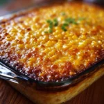 Honey-glazed corn casserole dish served in a baking dish