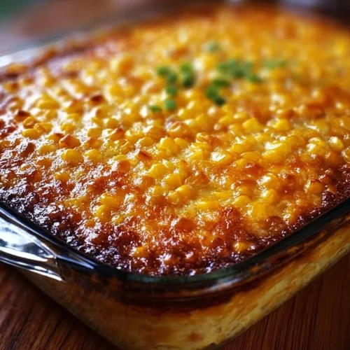 Honey-glazed corn casserole dish served in a baking dish