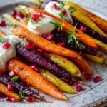 Honey roasted rainbow carrots topped with burrata and pomegranate seeds.