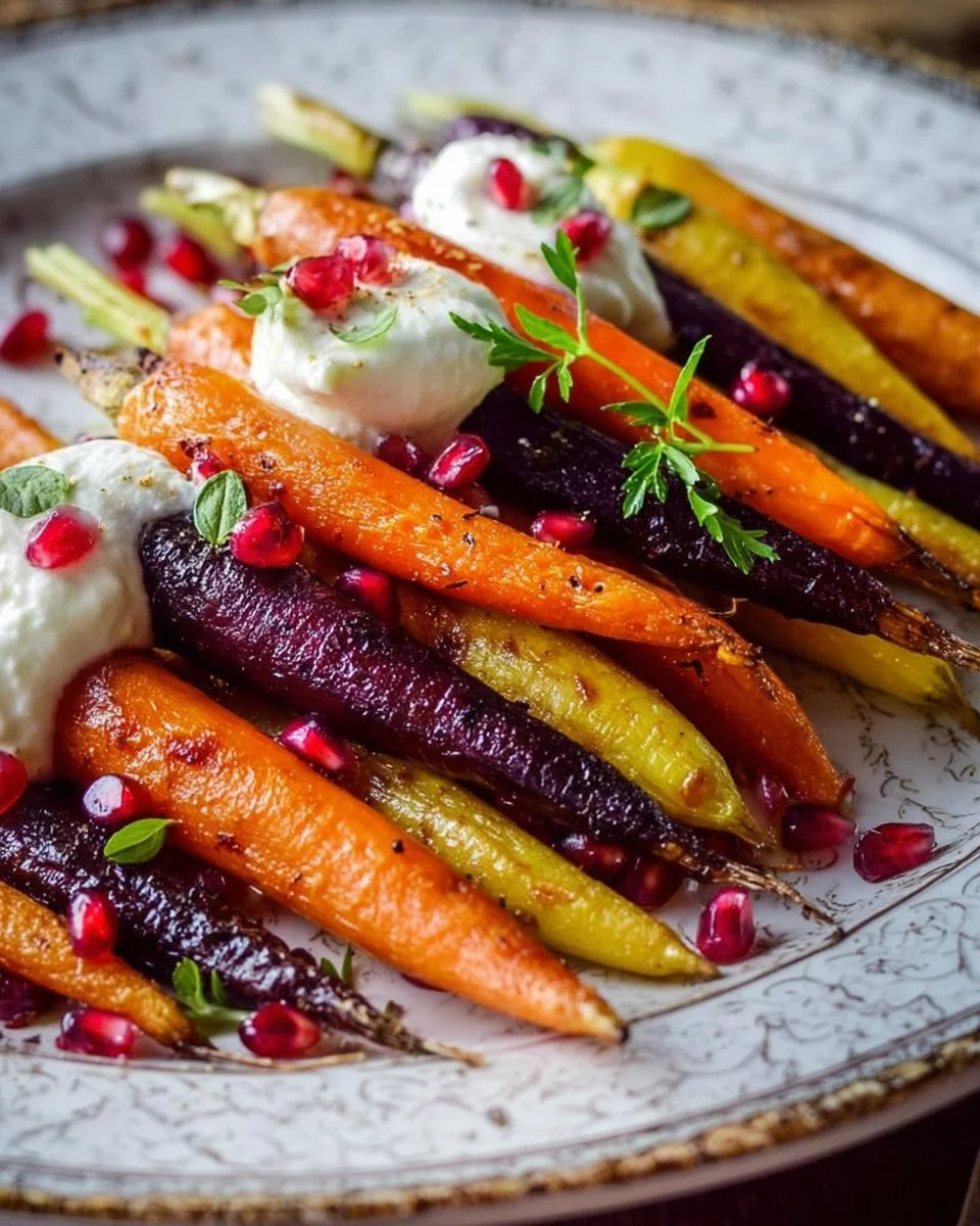 Honey Roasted Rainbow Carrots with Burrata and Pomegranate
