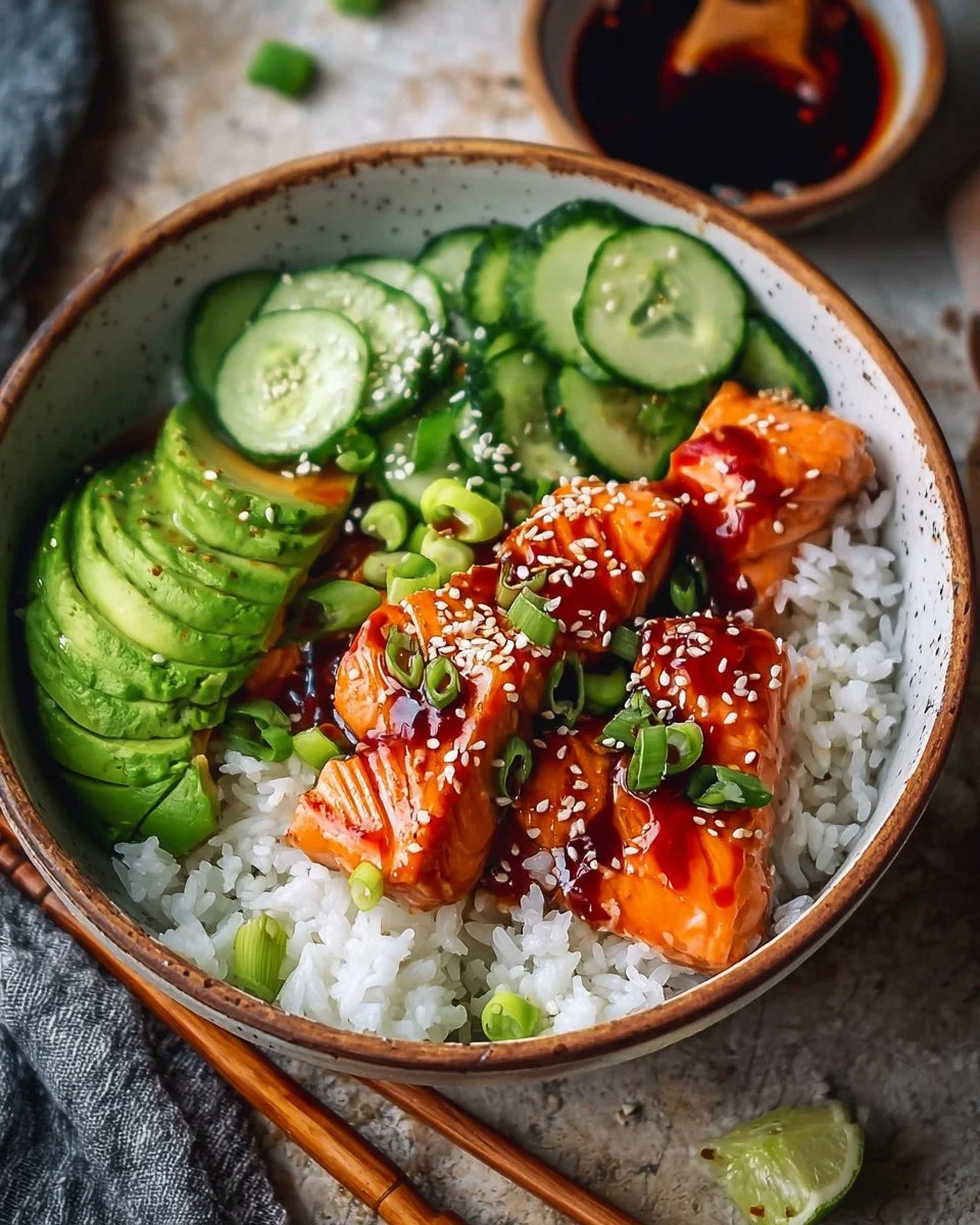 Delicious Honey Sriracha Salmon Bowls topped with fresh vegetables.