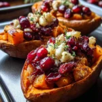 Cranberry apple twice-baked sweet potatoes topped with herbs and spices