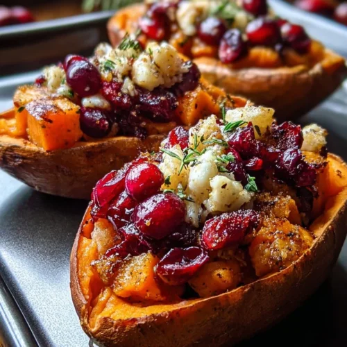Cranberry apple twice-baked sweet potatoes topped with herbs and spices