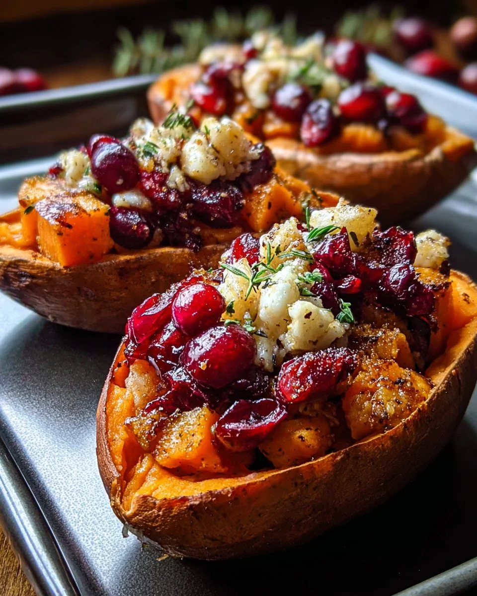 Cranberry apple twice-baked sweet potatoes topped with herbs and spices