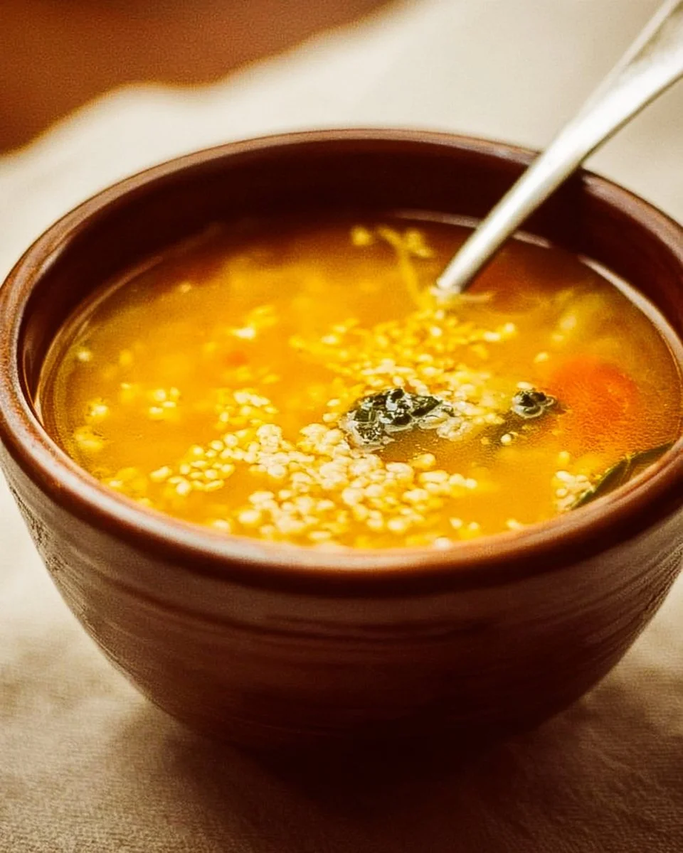 Bowl of Italian Penicillin Soup garnished with fresh herbs