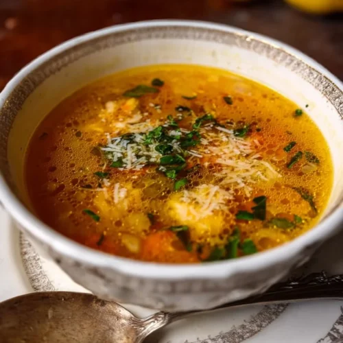 A bowl of Italian Penicillin Soup featuring fresh ingredients and herbs.