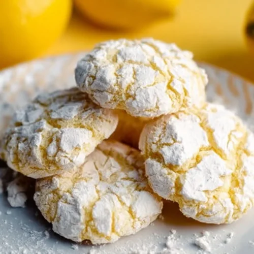Freshly baked Lemon Crinkle Cookies dusted with powdered sugar