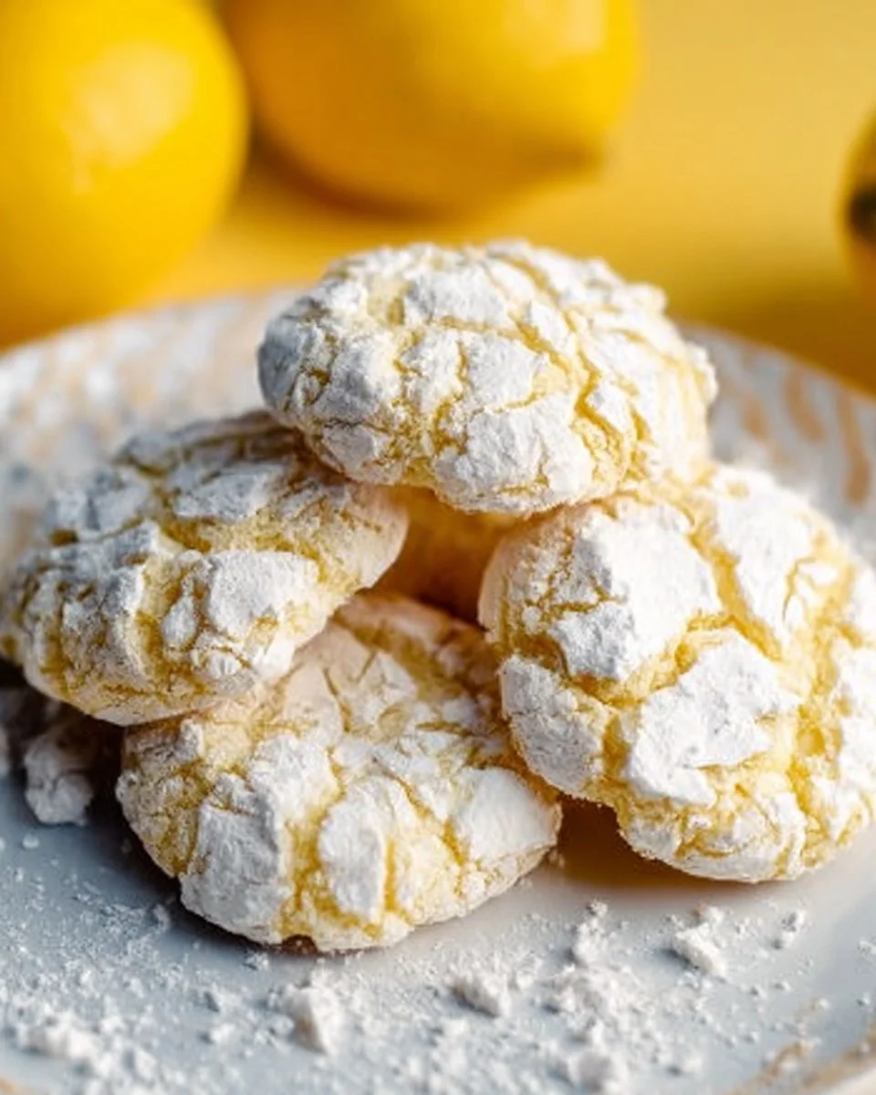 Freshly baked Lemon Crinkle Cookies dusted with powdered sugar