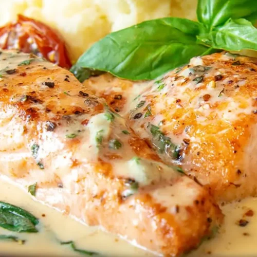 A serving of Marry Me Creamy Garlic Butter Salmon on a white plate with fresh herbs.