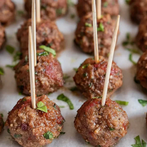 A platter of savory meat ball appetizers with a garnish.