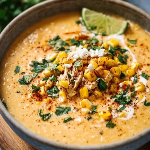 Bowl of delicious Mexican Street Corn Soup garnished with cilantro and lime