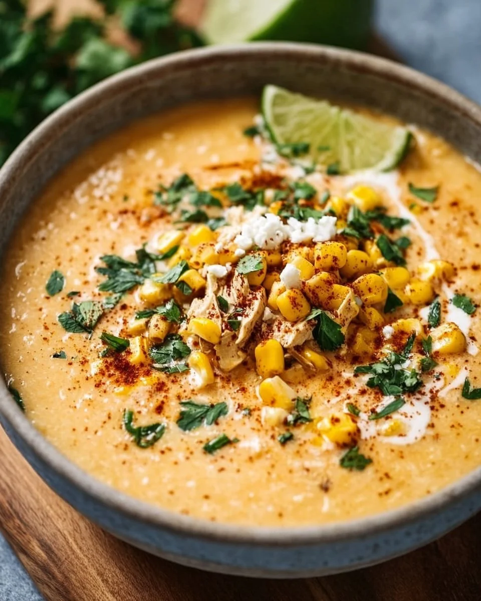 Bowl of delicious Mexican Street Corn Soup garnished with cilantro and lime