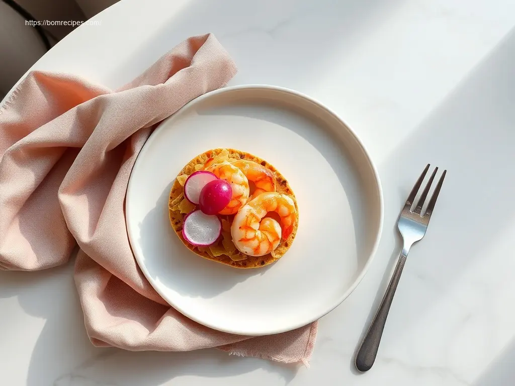 Delicious mini shrimp tostadas on a marble table