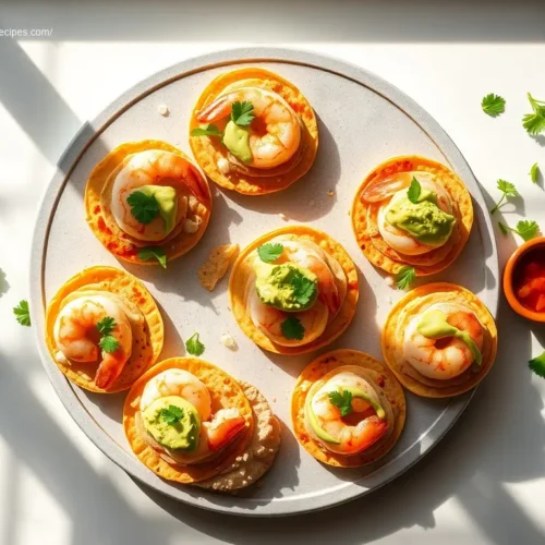 Delicious mini shrimp tostadas on a marble table