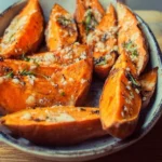 Baked miso butter sweet potatoes topped with herbs and spices.
