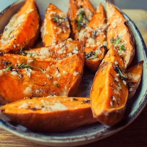 Baked miso butter sweet potatoes topped with herbs and spices.