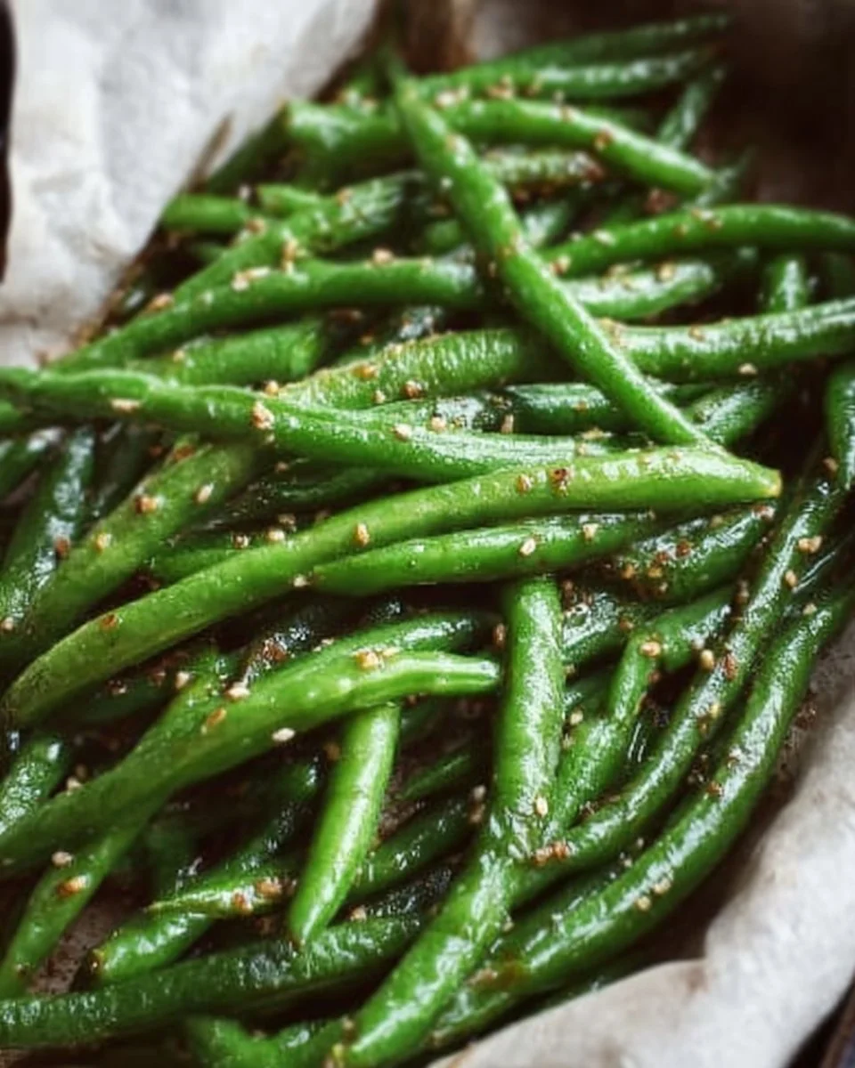 Plate of miso green beans garnished with sesame seeds and scallions