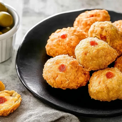 A plate of golden baked olive cheese balls ready to serve.