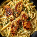 One Pan Garlic Parmesan Chicken Pasta served in a bowl with fresh herbs