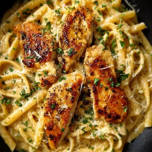 One Pan Garlic Parmesan Chicken Pasta served in a bowl with fresh herbs