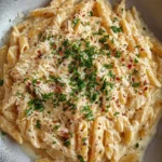 Bowl of One Pot Creamy Garlic Pasta with herbs and parmesan